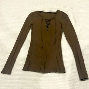 Olive green Express long sleeve crisscross v neck shirt, size S
